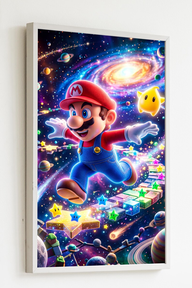 May include: A framed print featuring Mario in a vibrant space scene. Mario, in his signature red cap and blue overalls, is depicted mid-jump. The background showcases a colorful galaxy with planets, stars, and a yellow star character.