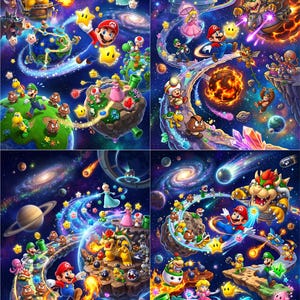 May include: A four-panel digital illustration featuring Mario, Luigi, Princess Peach, Bowser, and various characters in a vibrant space setting. The scenes depict colorful planets, floating platforms, glowing stars, and cosmic elements in deep blue.