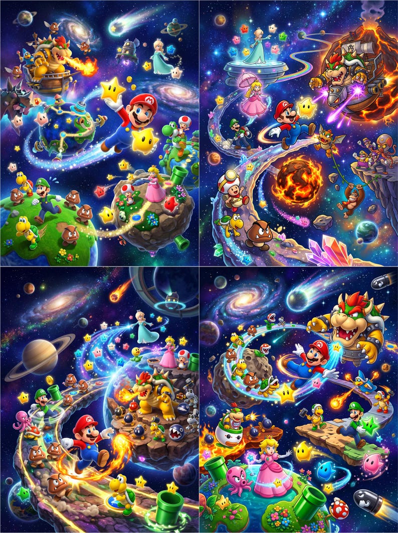 May include: A four-panel digital illustration featuring Mario, Luigi, Princess Peach, Bowser, and various characters in a vibrant space setting. The scenes depict colorful planets, floating platforms, glowing stars, and cosmic elements in deep blue.