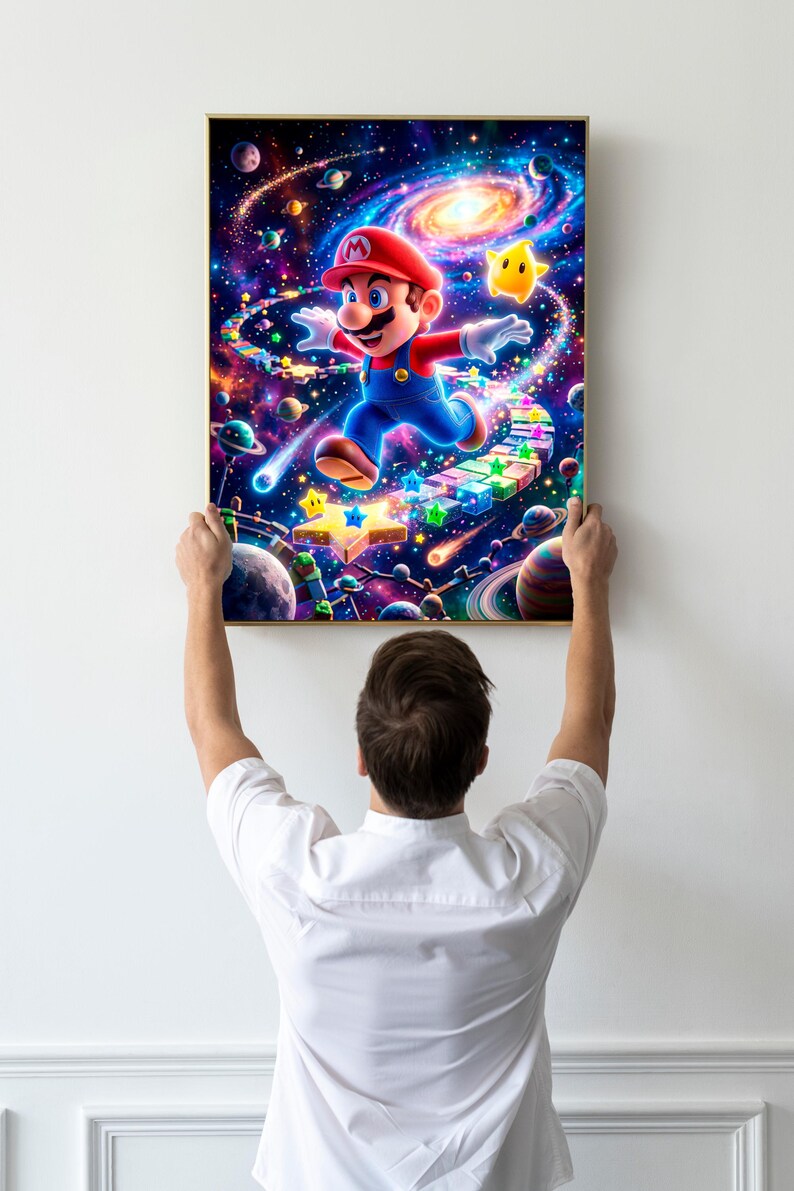 May include: A framed art print featuring a vibrant illustration of Mario in a space-themed setting. Mario, in his signature red cap and blue overalls, is depicted running across a colorful path. The background showcases a galaxy with planets, stars, and a yellow star.