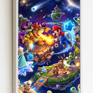 May include: A framed wall art print featuring a vibrant space scene with Mario, Luigi, Bowser, and Rosalina. The characters are positioned on floating islands amidst a starry galaxy background with planets, crystals, and glowing light effects.