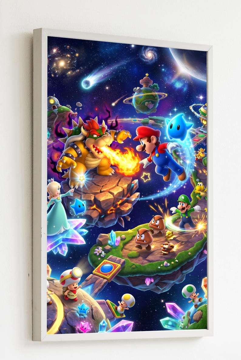 May include: A framed wall art print featuring a vibrant space scene with Mario, Luigi, Bowser, and Rosalina. The characters are positioned on floating islands amidst a starry galaxy background with planets, crystals, and glowing light effects.