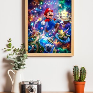 May include: A framed print depicting Mario leaping through a vivid, imaginative world. The artwork shows floating islands, stars, and a radiant star against a cosmic backdrop. The frame is crafted from light-toned wood. The image is a colorful illustration.