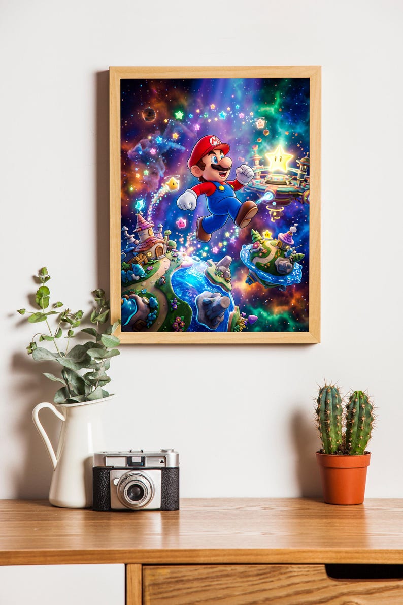 May include: A framed print depicting Mario leaping through a vivid, imaginative world. The artwork shows floating islands, stars, and a radiant star against a cosmic backdrop. The frame is crafted from light-toned wood. The image is a colorful illustration.