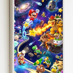 May include: A framed vertical wall art print featuring a vibrant space scene with Mario, Bowser, Yoshi, Toad, and other characters navigating a cosmic path. The colorful illustration includes glowing stars, planets, and a galaxy against a dark blue background.