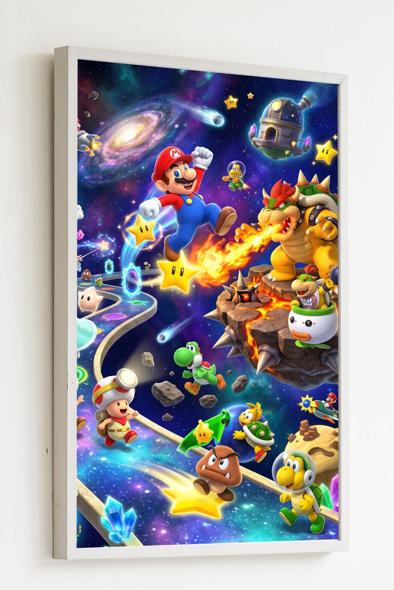 May include: A framed vertical wall art print featuring a vibrant space scene with Mario, Bowser, Yoshi, Toad, and other characters navigating a cosmic path. The colorful illustration includes glowing stars, planets, and a galaxy against a dark blue background.