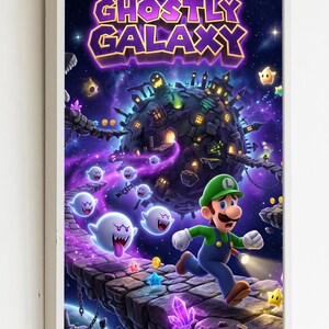 May include: A framed digital art print featuring Luigi running on a stone path towards a planet with a haunted house theme. The print has a purple and blue galaxy background with the words "Ghostly Galaxy". Ghosts and stars are also present.