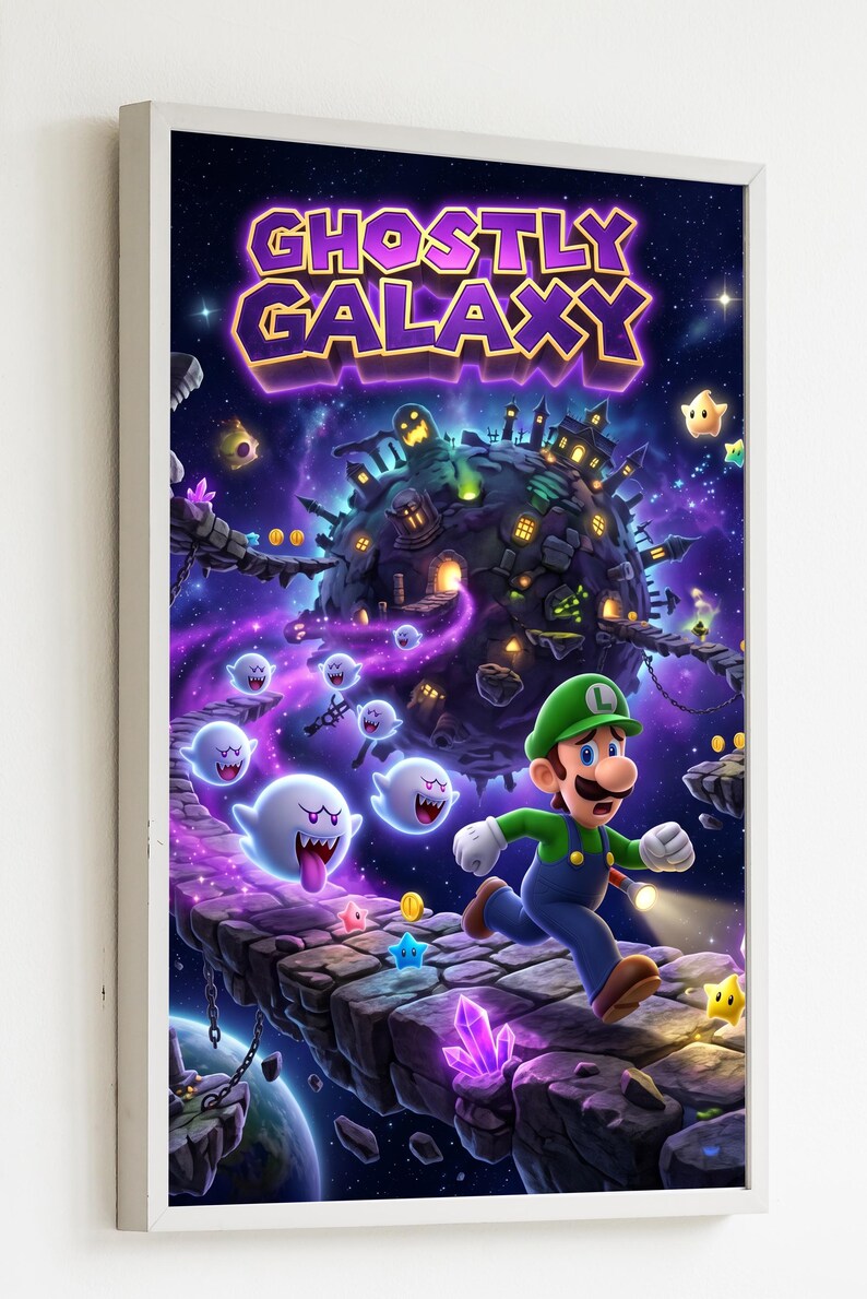 May include: A framed digital art print featuring Luigi running on a stone path towards a planet with a haunted house theme. The print has a purple and blue galaxy background with the words "Ghostly Galaxy". Ghosts and stars are also present.