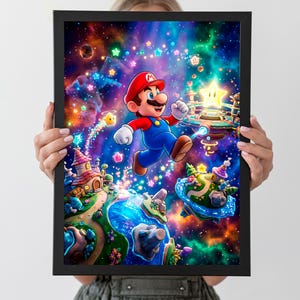 May include: A framed print depicting Mario leaping through a vivid, imaginative scene. The artwork includes a starry backdrop, floating islands, and fantastical structures. Mario, in his red cap and blue overalls, is the central figure.