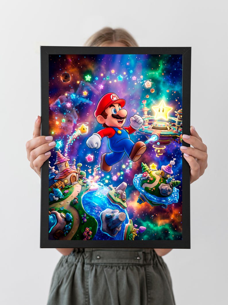 May include: A framed print depicting Mario leaping through a vivid, imaginative scene. The artwork includes a starry backdrop, floating islands, and fantastical structures. Mario, in his red cap and blue overalls, is the central figure.