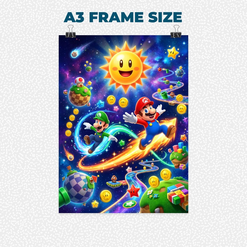 May include: A3 frame size poster featuring Mario and Luigi in a vibrant, colorful space scene. The artwork includes a smiling sun, planets, stars, and a winding path with coins. The text "A3 FRAME SIZE" is at the top.