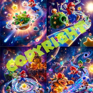 Puede incluir: Una vibrante obra de arte digital con personajes de la serie de videojuegos Super Mario en un entorno c&oacute;smico. Mario, Luigi y otros personajes se representan en un entorno colorido con tem&aacute;tica espacial con planetas, estrellas y galaxias. La palabra "COPYRIGHT" es visible.