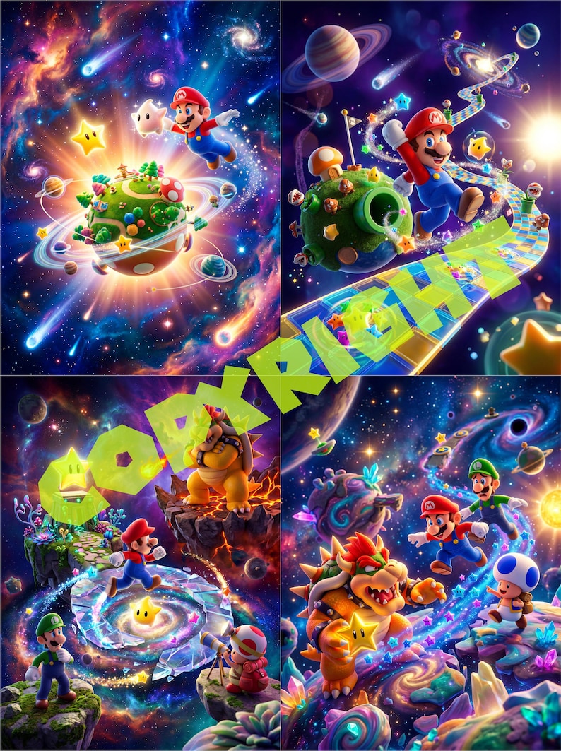 Puede incluir: Una vibrante obra de arte digital con personajes de la serie de videojuegos Super Mario en un entorno c&oacute;smico. Mario, Luigi y otros personajes se representan en un entorno colorido con tem&aacute;tica espacial con planetas, estrellas y galaxias. La palabra "COPYRIGHT" es visible.
