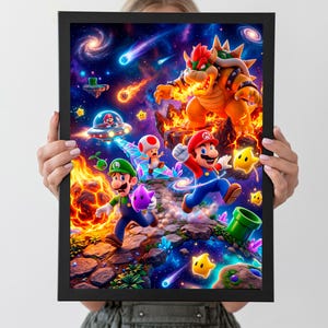May include: A framed poster featuring a vibrant Super Mario scene with Mario, Luigi, and Bowser. The artwork is set against a colorful space background with the text "4X SUPER MARIO POSTERS A2 SIZE" at the top.