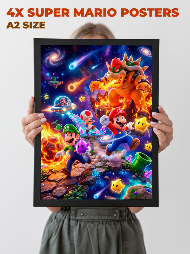 May include: A framed poster featuring a vibrant Super Mario scene with Mario, Luigi, and Bowser. The artwork is set against a colorful space background with the text "4X SUPER MARIO POSTERS A2 SIZE" at the top.