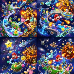 May include: A four-panel digital illustration featuring Mario, Luigi, Princess Peach, Rosalina, and Bowser in a vibrant space setting. The artwork depicts various planets, floating platforms, colourful stars, and cosmic elements set against a dark blue starry sky.