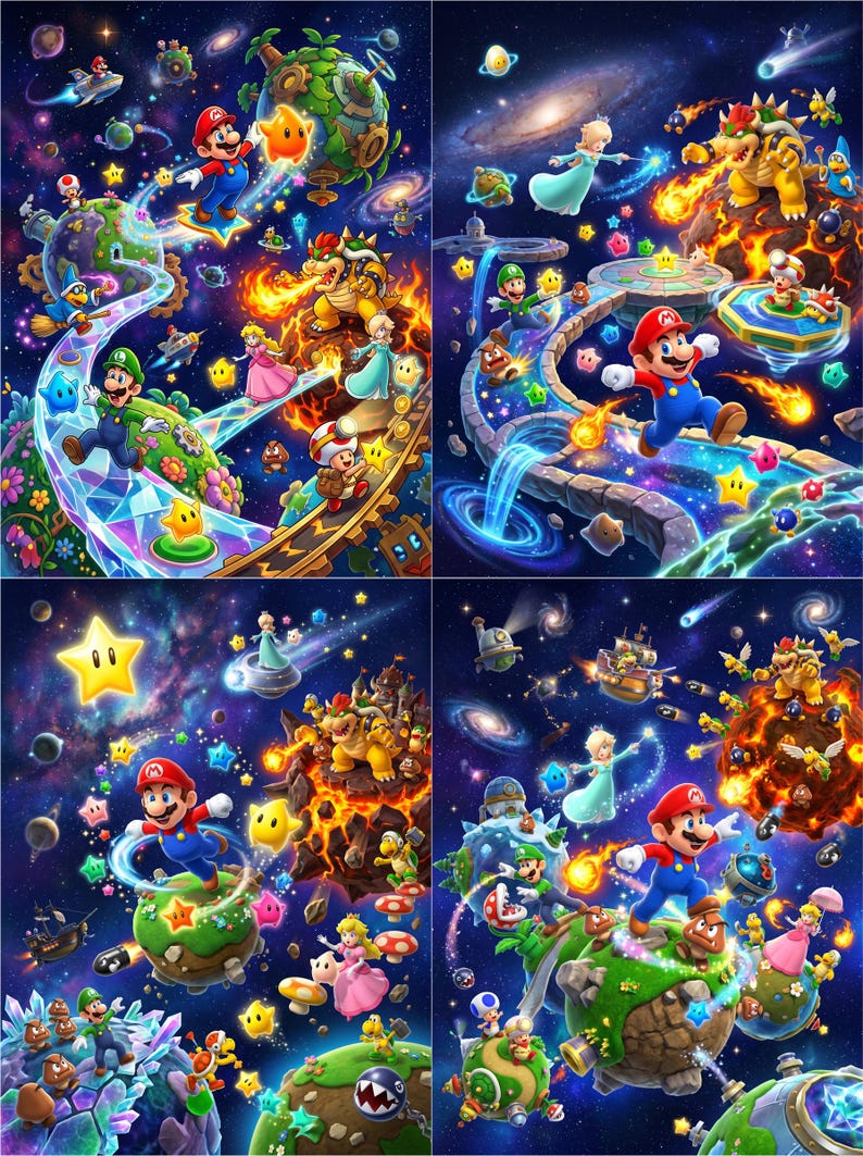 May include: A four-panel digital illustration featuring Mario, Luigi, Princess Peach, Rosalina, and Bowser in a vibrant space setting. The artwork depicts various planets, floating platforms, colourful stars, and cosmic elements set against a dark blue starry sky.