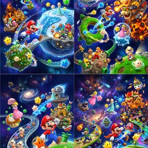 May include: A four-panel digital illustration featuring Mario, Luigi, Princess Peach, Rosalina, Bowser, and various enemies in space settings. The scenes include planets, floating islands, colorful stars, and cosmic backgrounds with vibrant blue, purple, and orange hues.