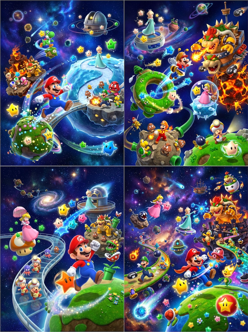 May include: A four-panel digital illustration featuring Mario, Luigi, Princess Peach, Rosalina, Bowser, and various enemies in space settings. The scenes include planets, floating islands, colorful stars, and cosmic backgrounds with vibrant blue, purple, and orange hues.