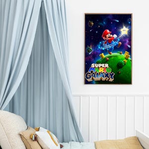 May include: Framed poster featuring Mario from Super Mario Galaxy. Mario, in his red cap and overalls, is jumping on a green planet with a starry background. The poster has the game's title in a colorful, 3D font.
