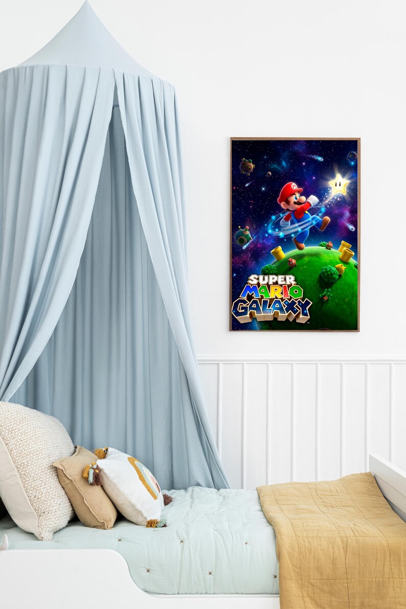 May include: Framed poster featuring Mario from Super Mario Galaxy. Mario, in his red cap and overalls, is jumping on a green planet with a starry background. The poster has the game's title in a colorful, 3D font.