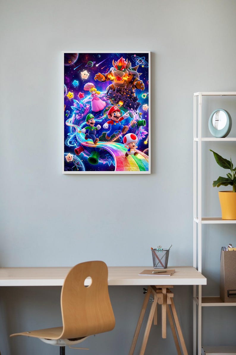 Paquete de pósteres del juego Mario Galaxy / 10 láminas de aventuras espaciales / Arte mural de videojuegos retro / Alta resolución 300 DPI imagen 5