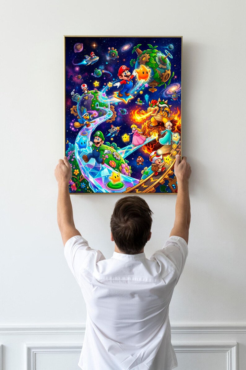 May include: A rectangular wall art print featuring a vibrant, colourful space-themed illustration of Mario, Luigi, Princess Peach, Bowser, and Toad navigating a cosmic landscape with planets, stars, and glowing paths set against a deep purple galaxy.