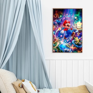 May include: A framed print depicting Mario leaping through a colourful, fantastical landscape. The artwork is a dynamic scene with bright colours, stars, and whimsical elements, suitable for a child's bedroom. The frame is brown.