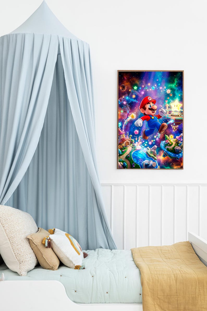 May include: A framed print depicting Mario leaping through a colourful, fantastical landscape. The artwork is a dynamic scene with bright colours, stars, and whimsical elements, suitable for a child's bedroom. The frame is brown.