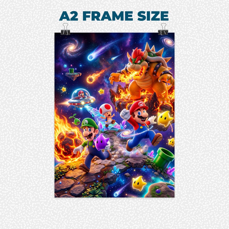 May include: A2 frame size poster featuring a vibrant illustration of Mario, Luigi, and other characters from the Super Mario universe. The artwork depicts a space-themed scene with Bowser, shooting stars, and a UFO. The poster is held by two black clips.