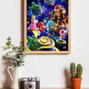 May include: A framed print featuring a vibrant scene with Mario, Luigi, Princess Peach, and Toad in a space-themed setting. The artwork showcases a colorful depiction of the characters on floating planets, with Bowser in the background.