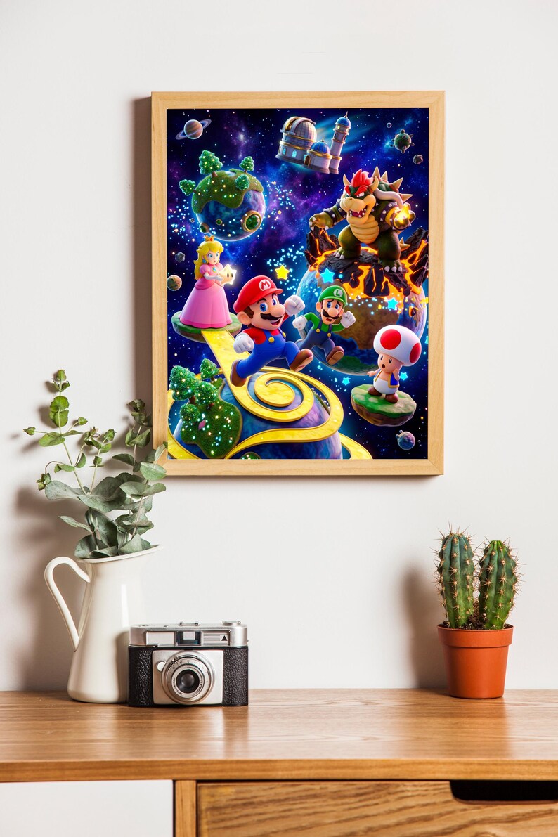 May include: A framed print featuring a vibrant scene with Mario, Luigi, Princess Peach, and Toad in a space-themed setting. The artwork showcases a colorful depiction of the characters on floating planets, with Bowser in the background.