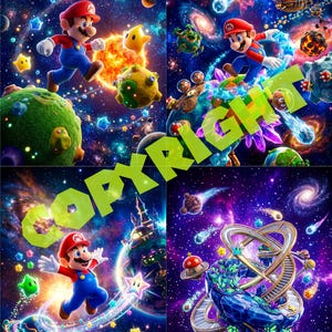 Puede incluir: Una vibrante obra de arte digital que presenta al personaje Mario con gorra roja y overoles azules, ambientada en un fondo c&oacute;smico. La imagen muestra planetas, estrellas y galaxias, con Mario en poses din&aacute;micas, creando una sensaci&oacute;n de aventura y fantas&iacute;a.