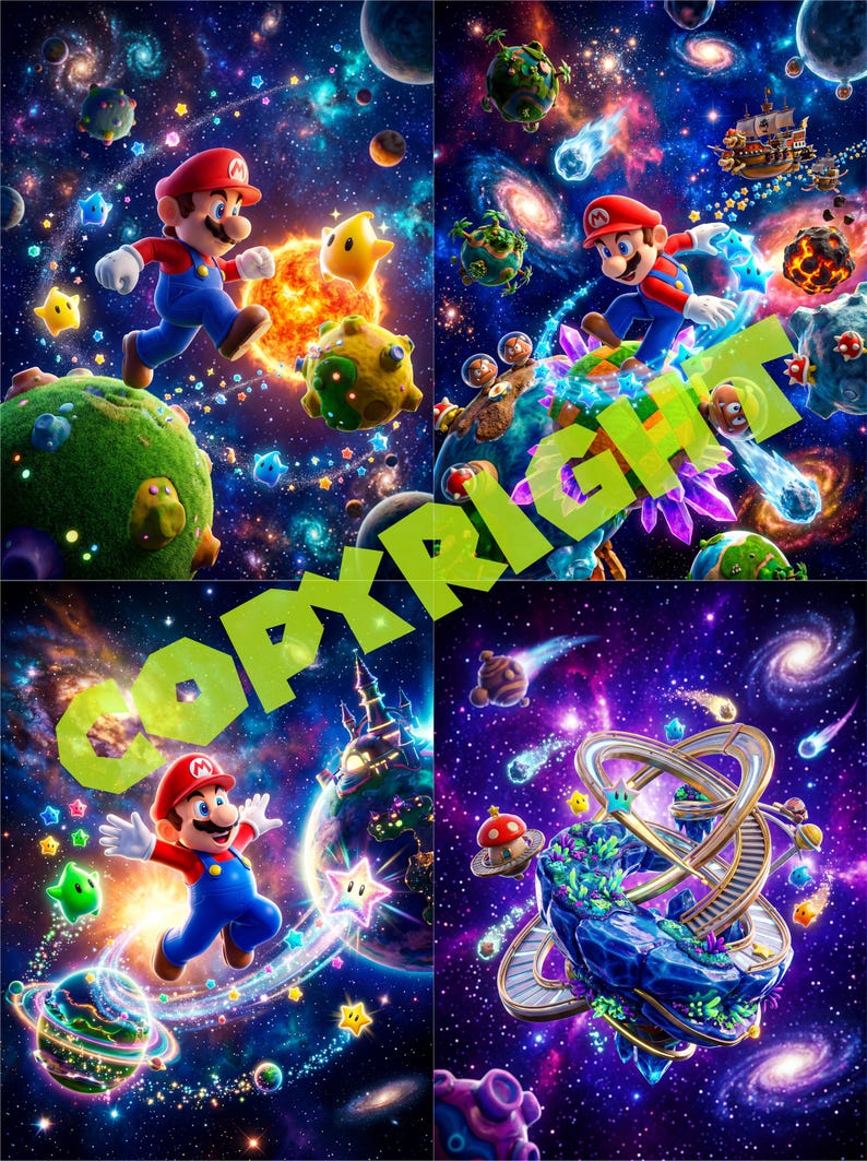Puede incluir: Una vibrante obra de arte digital que presenta al personaje Mario con gorra roja y overoles azules, ambientada en un fondo c&oacute;smico. La imagen muestra planetas, estrellas y galaxias, con Mario en poses din&aacute;micas, creando una sensaci&oacute;n de aventura y fantas&iacute;a.