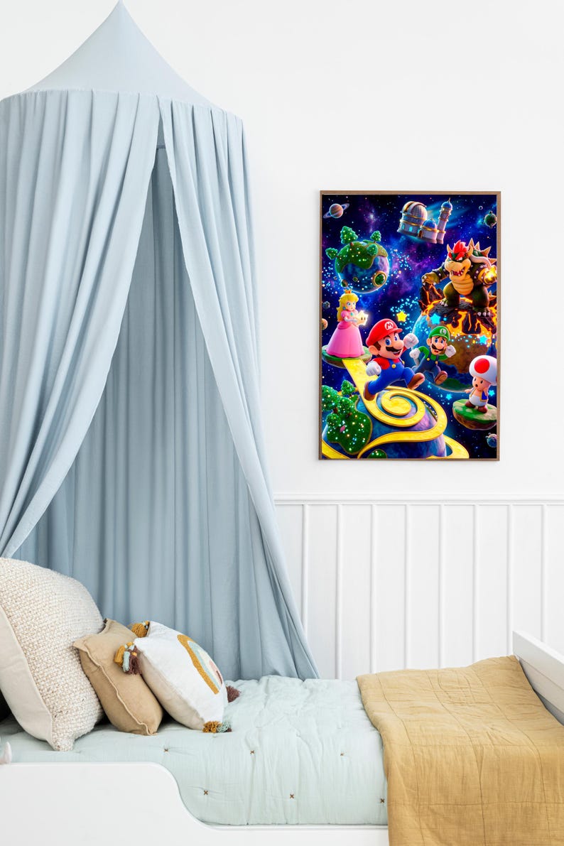 May include: A framed print featuring a vibrant scene with characters from the Super Mario video game series. Mario, Luigi, Princess Peach, Bowser, and Toad are depicted in a colorful, space-themed environment. The artwork is displayed in a child's bedroom.