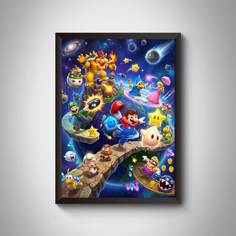 May include: A framed wall art print featuring a vibrant space scene with Mario, Luigi, Princess Peach, Bowser, and various other characters from the Super Mario franchise. The characters are positioned on floating stone paths against a dark blue galaxy.