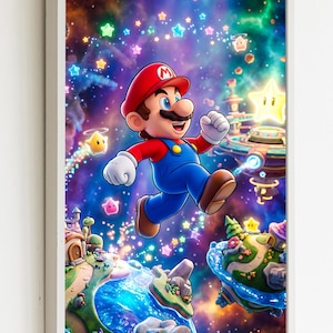 May include: A framed digital art print depicting Mario leaping through a vibrant, fantastical landscape. The artwork features a colourful galaxy background with floating islands, stars, and characters from the Super Mario universe.