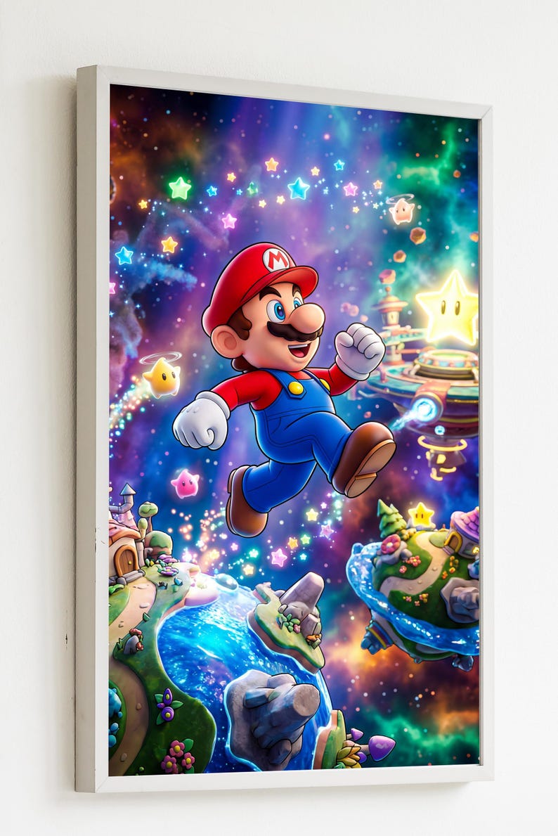 May include: A framed digital art print depicting Mario leaping through a vibrant, fantastical landscape. The artwork features a colourful galaxy background with floating islands, stars, and characters from the Super Mario universe.