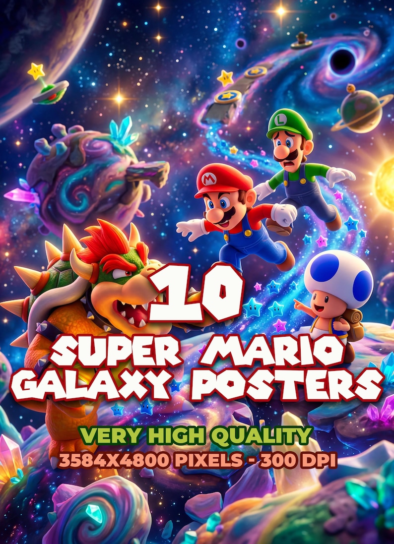 Puede incluir: Un vibrante conjunto de carteles de arte digital con personajes del juego Super Mario Galaxy. La imagen incluye a Mario, Luigi, Toad y Bowser en un entorno tem&aacute;tico espacial colorido. El texto dice "10 Super Mario Galaxy Posters" y "Very High Quality".