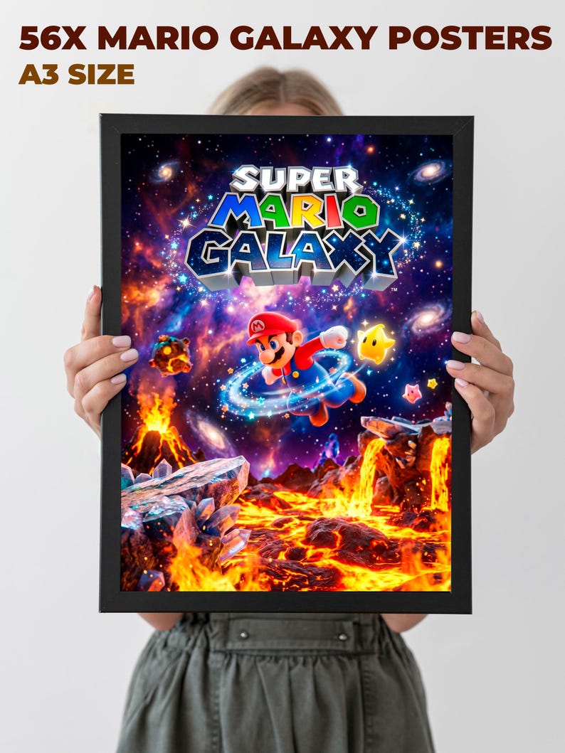 May include: A framed Super Mario Galaxy poster featuring Mario in a space-themed setting with the game's logo. The poster has a black frame and includes the text "56X MARIO GALAXY POSTERS" and "A3 SIZE" at the top.