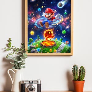 May include: A framed print featuring a vibrant illustration of the video game character Mario jumping through a colorful space scene. The artwork includes stars, planets, and a fiery element, all within a wooden frame.