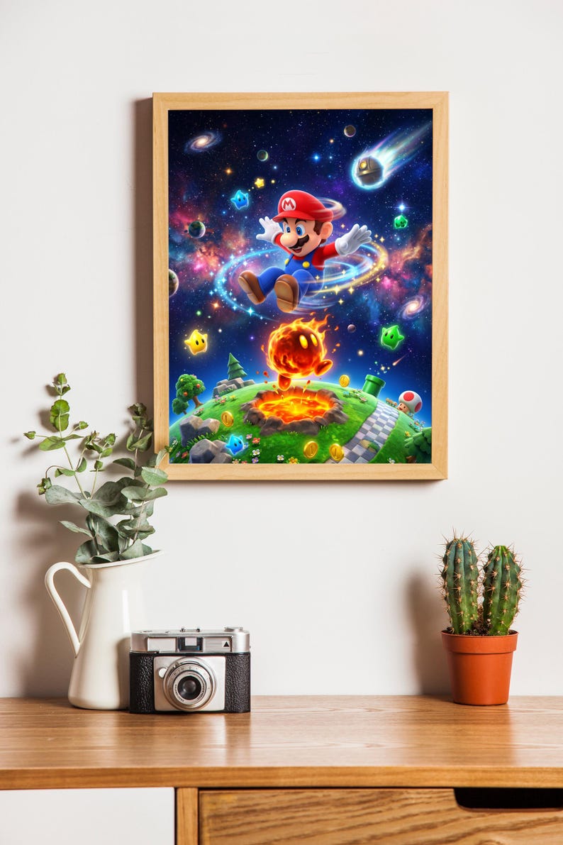 May include: A framed print featuring a vibrant illustration of the video game character Mario jumping through a colorful space scene. The artwork includes stars, planets, and a fiery element, all within a wooden frame.