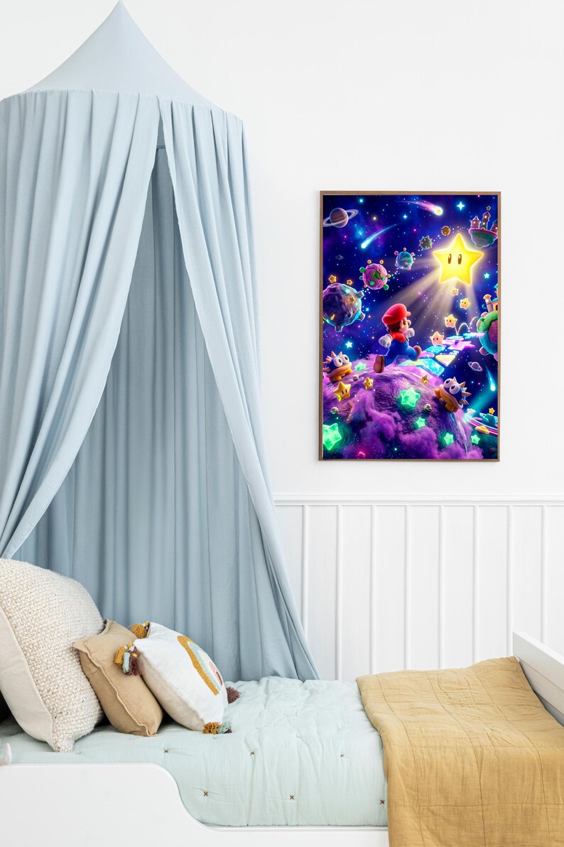 K&ouml;nnte beinhalten: Gerahmter Druck mit einer lebendigen, fantastischen Szene mit einer Zeichentrickfigur, die auf einen gro&szlig;en, leuchtenden Stern zul&auml;uft. Das Kunstwerk ist vor dem Hintergrund von Planeten, Sternen und bunten Wolken angesiedelt und schafft eine skurrile und fantasievolle Atmosph&auml;re.