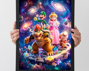 4x Super Mario Galaxy Posters With Peach, Browser, Luigi | Space Gaming Prints | Kids Room Wall Art | High Resolution 300 DPI Download