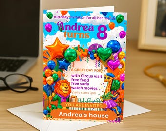 Plantilla de invitación para fiesta de cumpleaños infantil, folleto de cumpleaños editable, invitación colorida para fiesta infantil, plantilla de Canva, invitación de cumpleaños imprimible