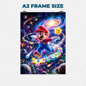 May include: A2 frame size poster featuring Mario in a vibrant space scene. Mario, in his signature red cap and blue overalls, runs along a colorful path of blocks and stars. The background is a swirling galaxy with planets and stars. A yellow star character floats nearby.
