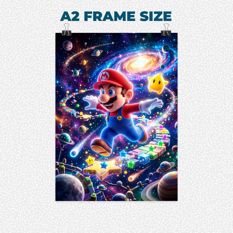 May include: A2 frame size poster featuring Mario in a vibrant space scene. Mario, in his signature red cap and blue overalls, runs along a colorful path of blocks and stars. The background is a swirling galaxy with planets and stars. A yellow star character floats nearby.
