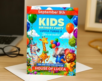 Plantilla elegante para invitación de fiesta de cumpleaños infantil, folleto de cumpleaños editable, invitación colorida para fiesta infantil, plantilla de Canva, invitación de cumpleaños imprimible