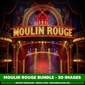 Puede incluir: Ilustración digital del escenario del Moulin Rouge. El icónico molino de viento rojo está encima del letrero iluminado. El escenario está enmarcado por cortinas rojas y adornos dorados. El texto "MOULIN ROUGE" se muestra de forma destacada. También incluye el texto "MOULIN ROUGE BUNDLE - 50 IMAGES".