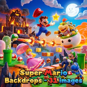 May include: A digital illustration featuring Mario, Princess Peach, Luigi, and Bowser Jr. in a vibrant landscape with green pipes, floating bricks, and a castle. The text Super Mario Backdrops - 31 images is displayed at the bottom in bold.
